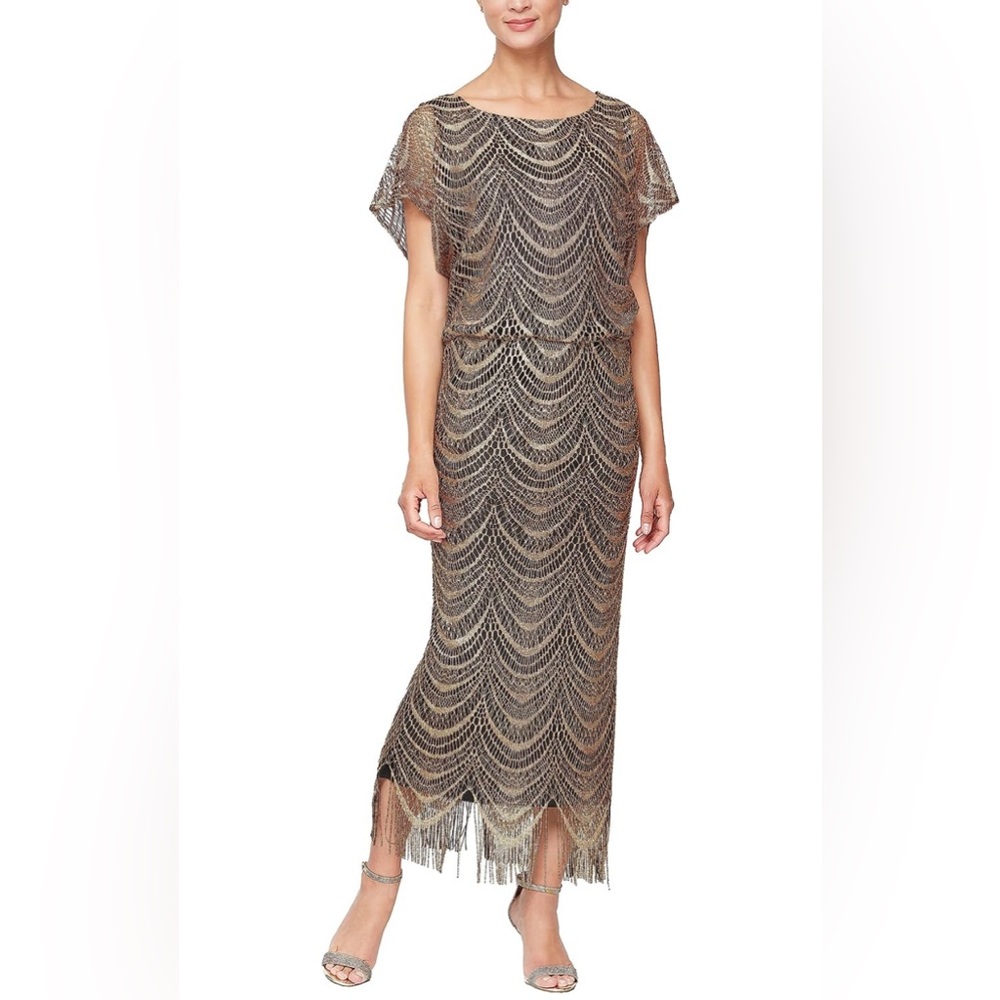 SLNY Women's Metallic Long Blouson Fringe Hem Dress